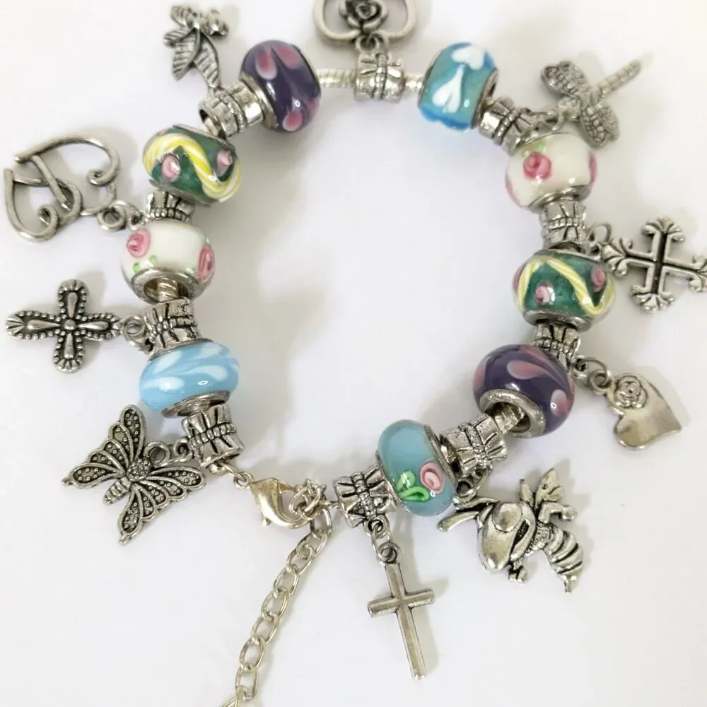 Murano Style Glass Bead Charm Slide Bracelet 6.5